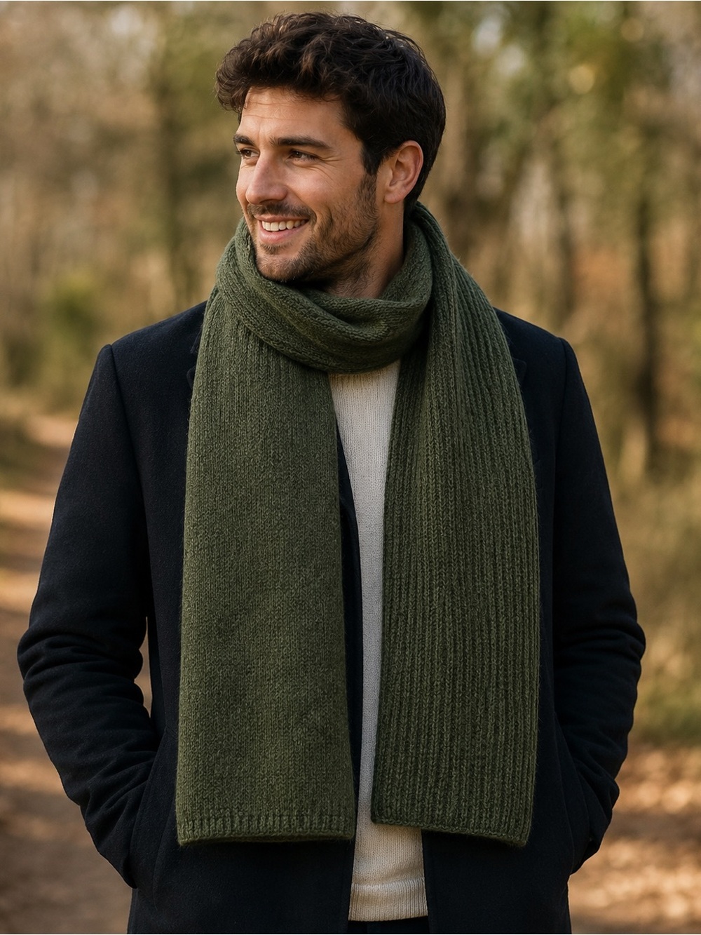 Men's Olive Green Wool/Alpaca Scarf - Classic Cold-Weather Accessory